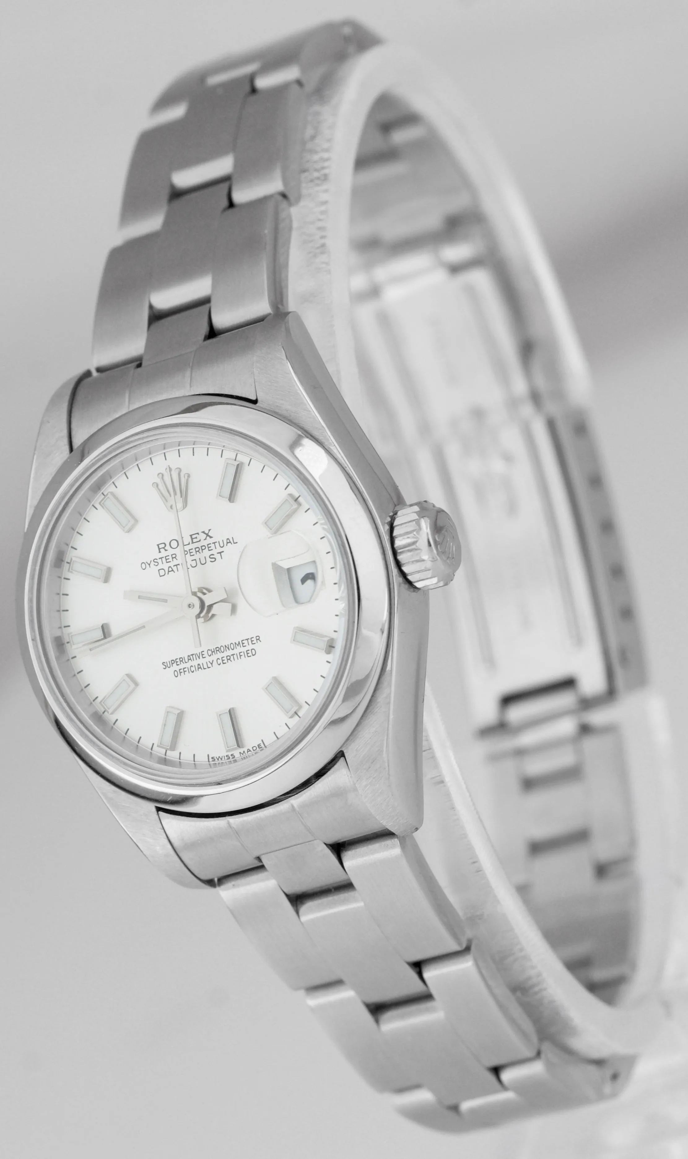 2003 Ladies Rolex DateJust 26mm Stainless Silver Index Stick Oyster Watch 79160