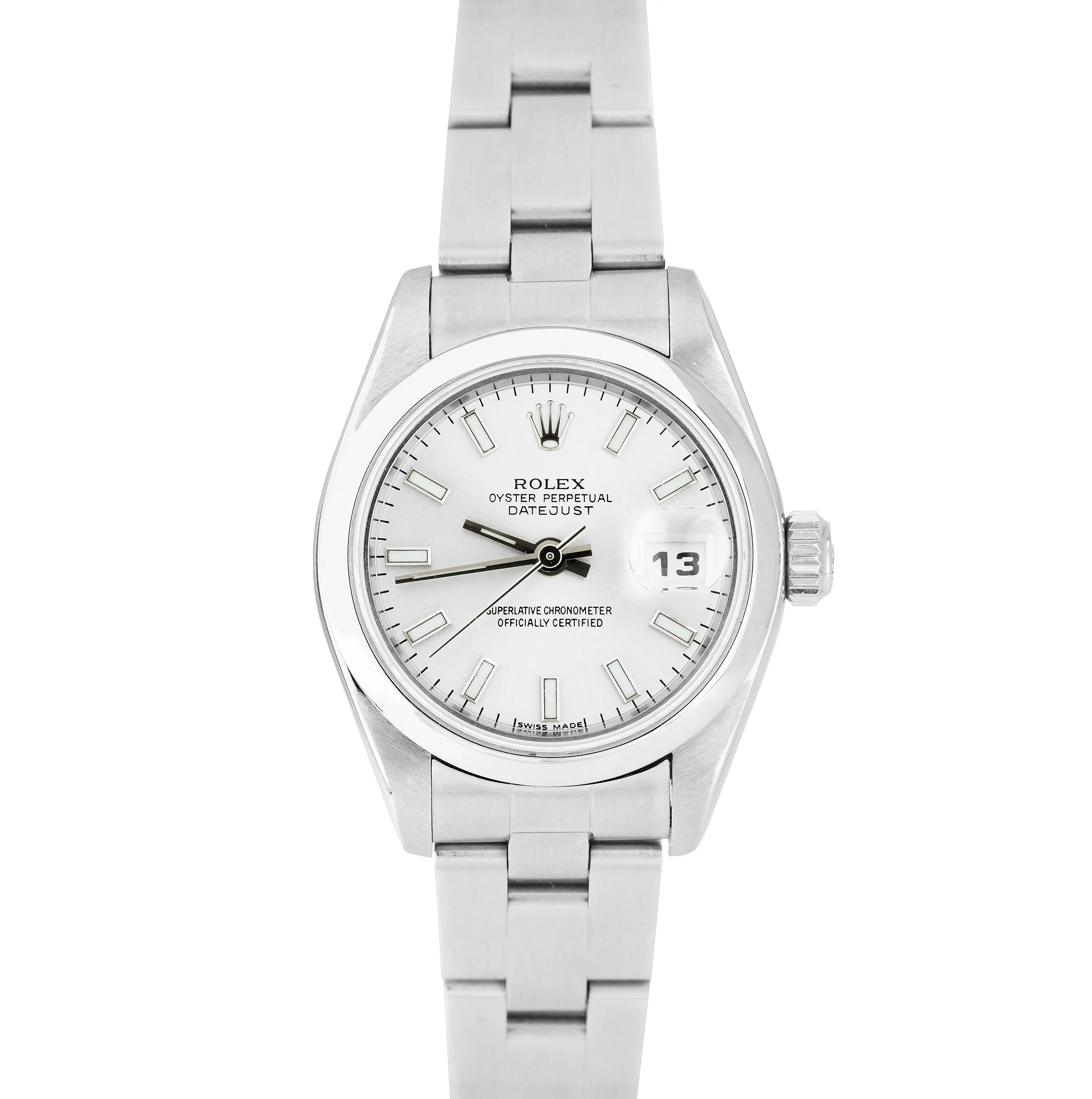 2003 Ladies Rolex DateJust 26mm Stainless Silver Index Stick Oyster Watch 79160