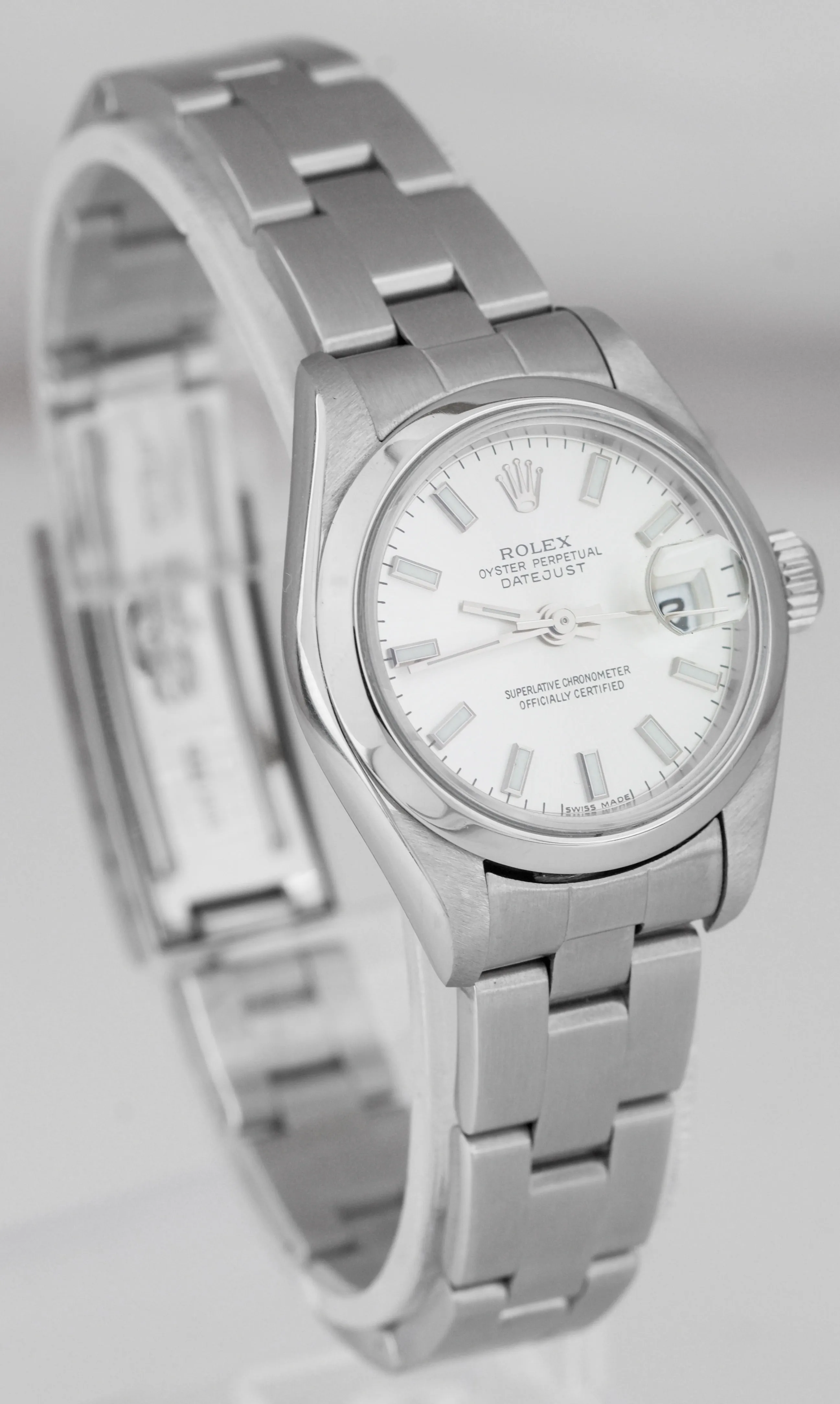 2003 Ladies Rolex DateJust 26mm Stainless Silver Index Stick Oyster Watch 79160