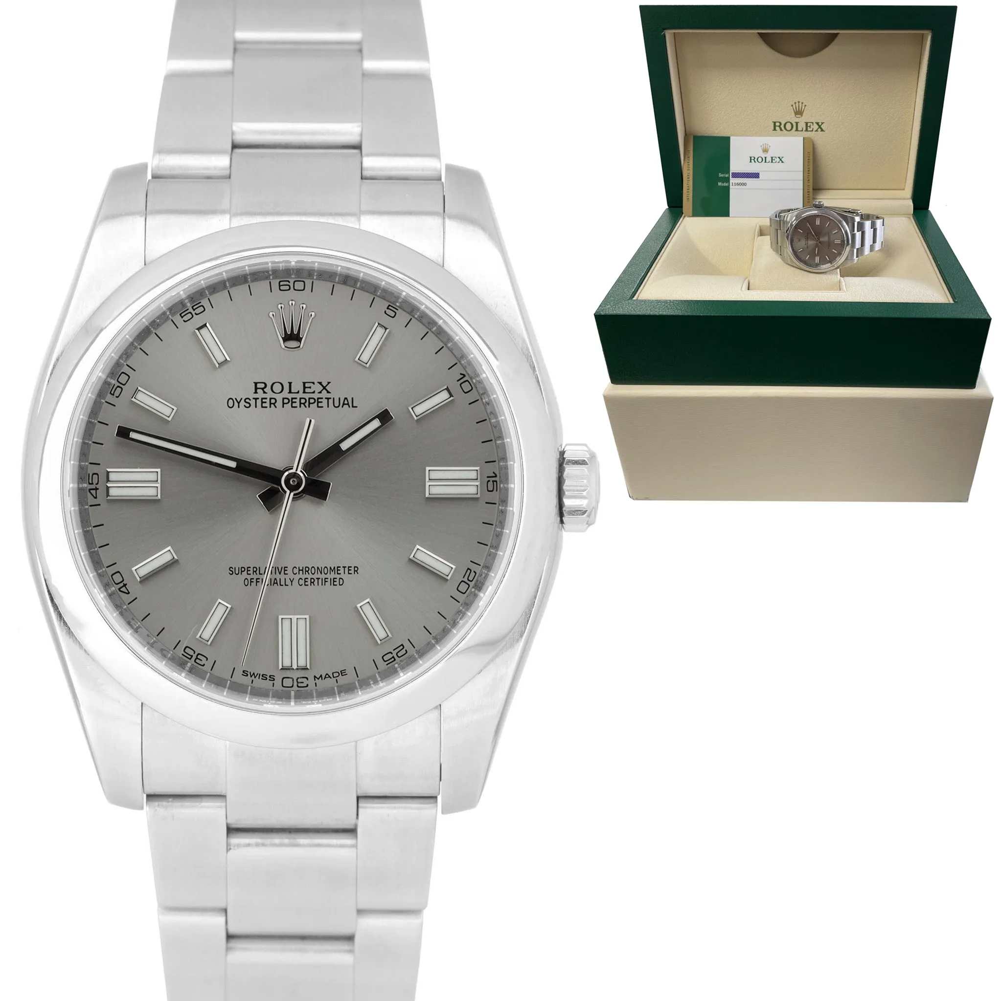 2018 Rolex Oyster Perpetual 36mm Rhodium Stick Stainless Steel Watch 116000 BP