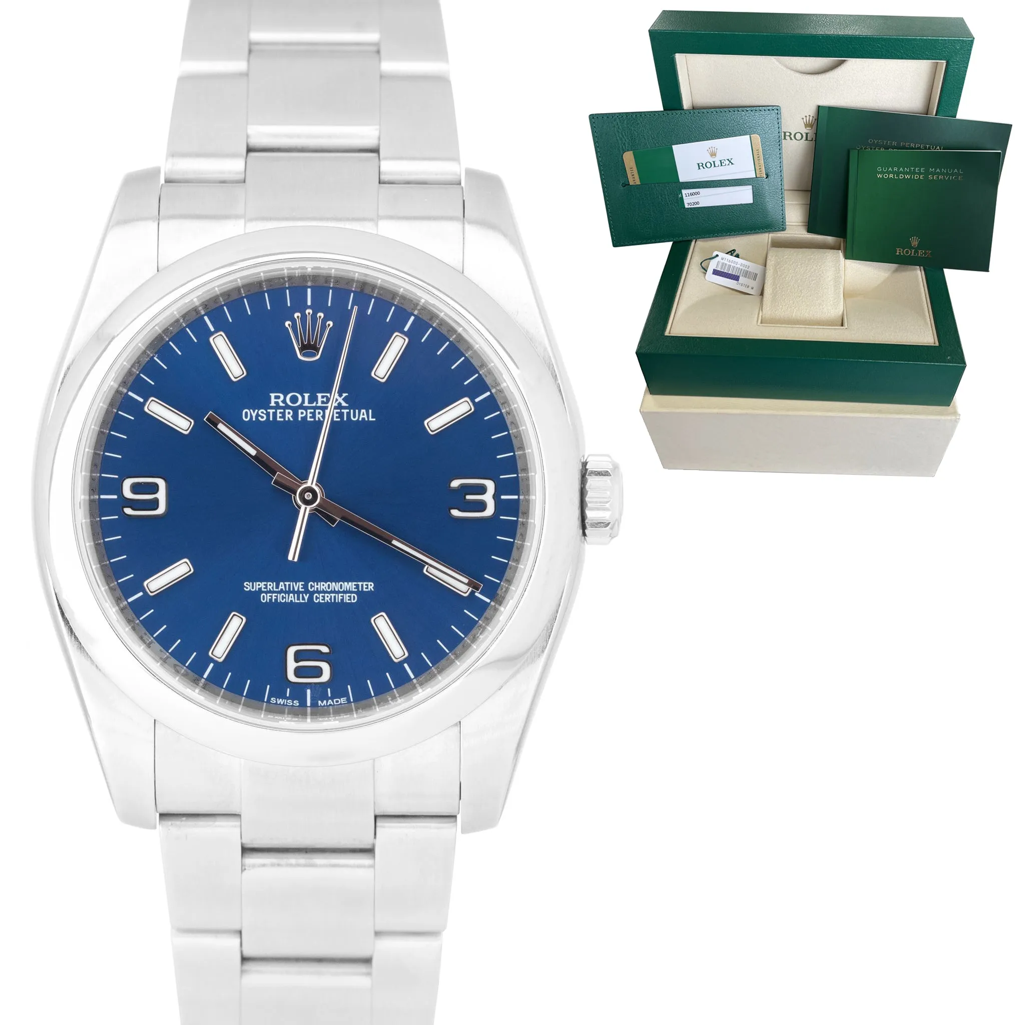 2019 MINT Rolex Oyster Perpetual 36mm Stainless Blue 3-6-9 STICK Watch 116000 BP