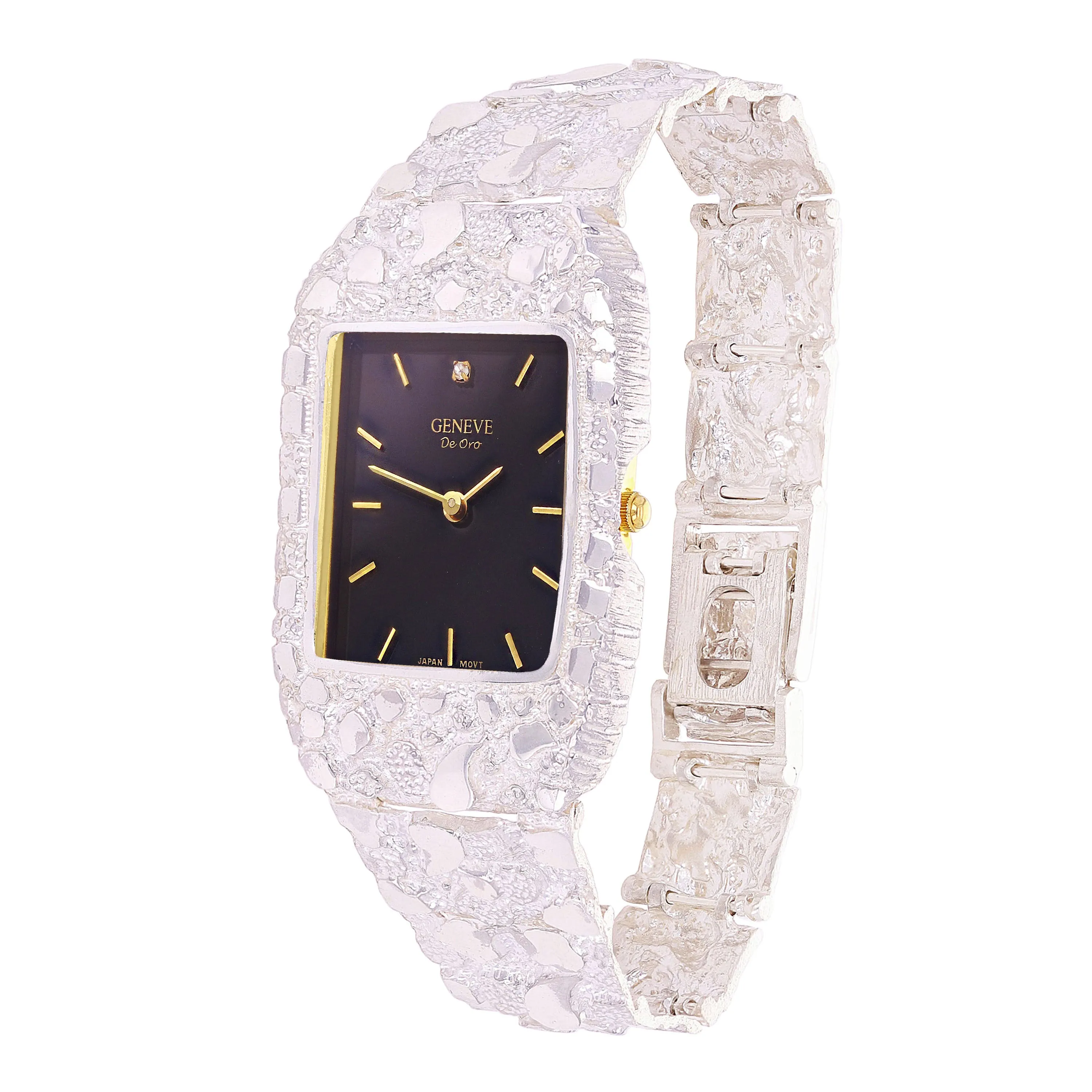 925 Sterling Silver Nugget Link Bracelet Geneve with Diamond Watch 8.5-9" 53g