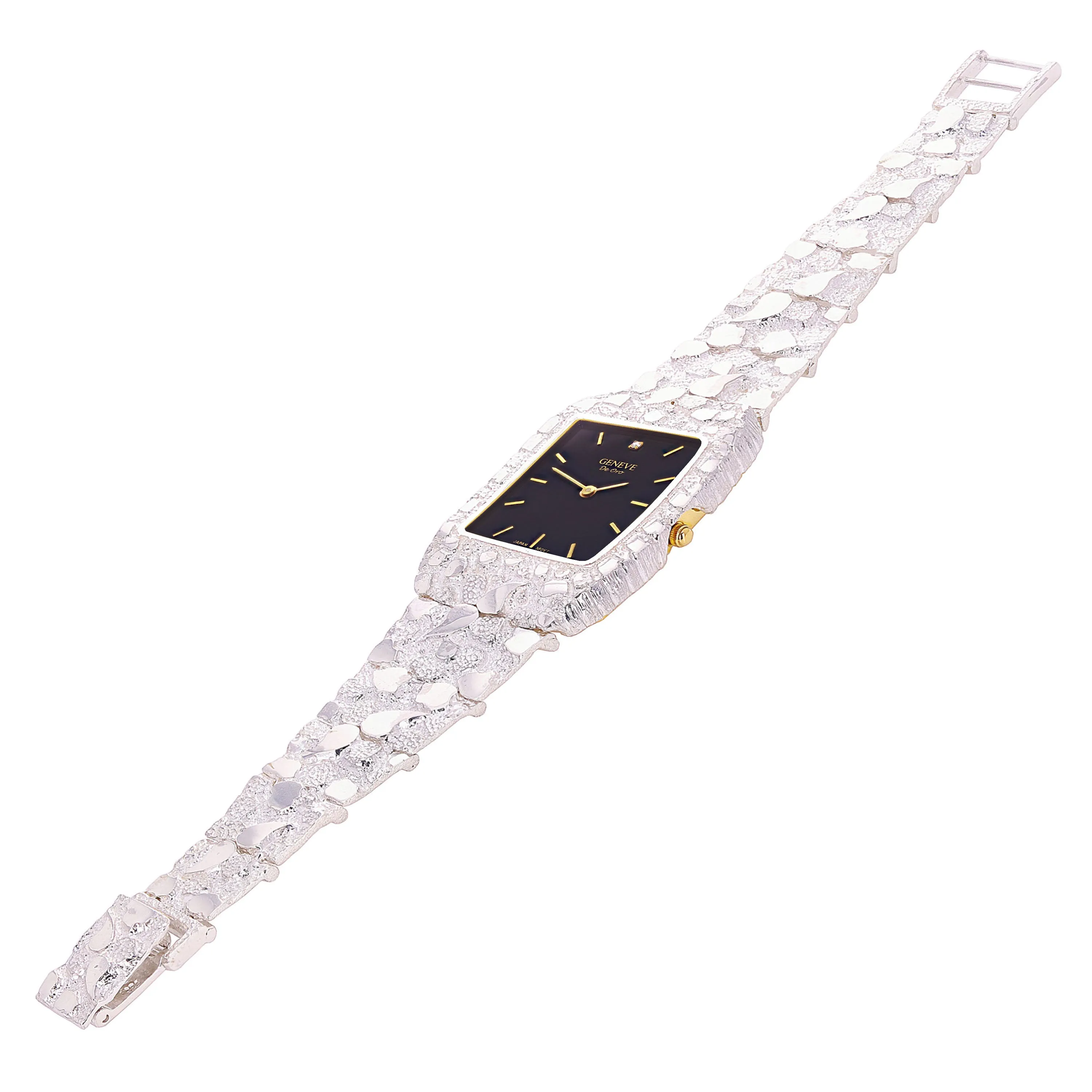 925 Sterling Silver Nugget Link Bracelet Geneve with Diamond Watch 8.5-9" 53g