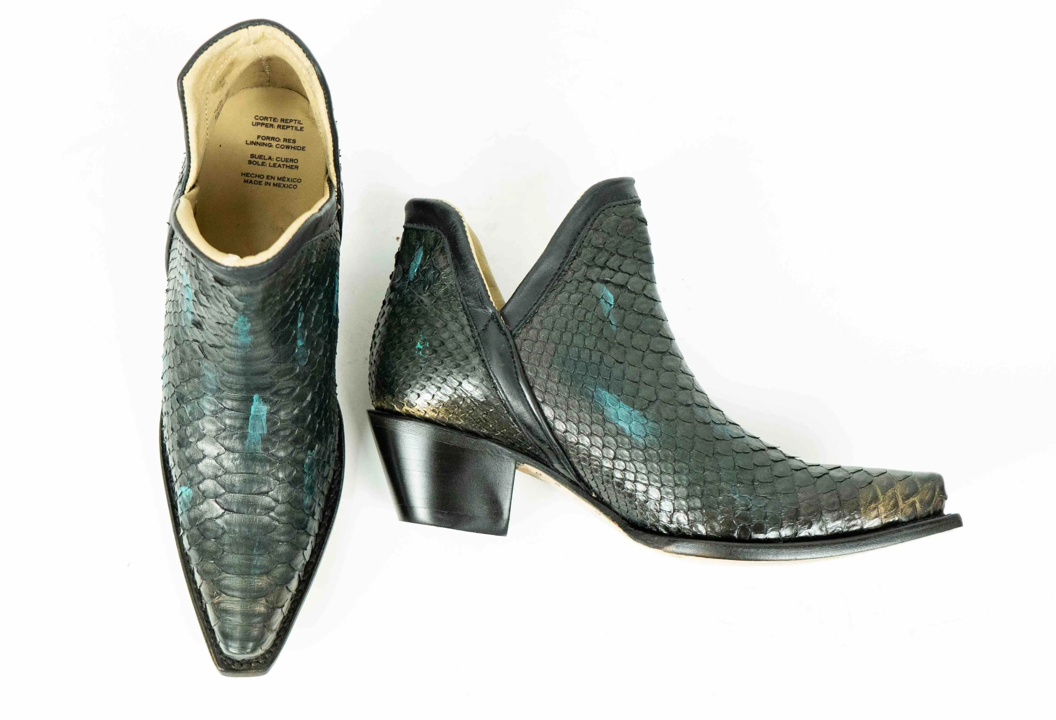 Black Green Python Snip Toe Western Booties