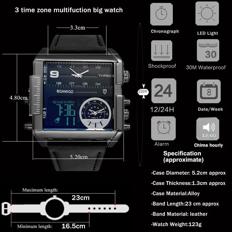 BOAMIGO Brand Men Sports Watches 3 Time Zones Time