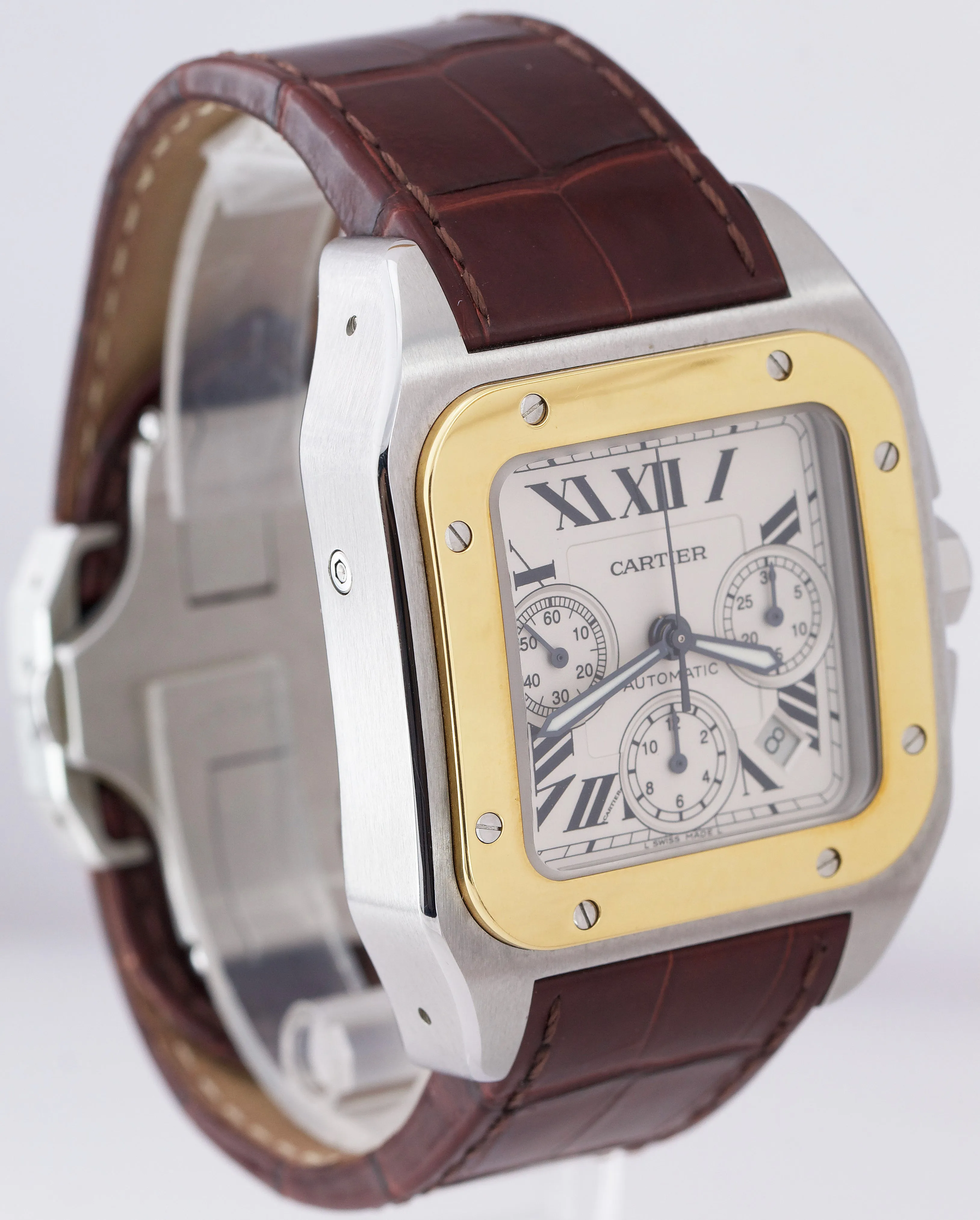 Cartier Santos 100 XL 42MM 18K Yellow Gold Stainless Chronograph Watch 2740
