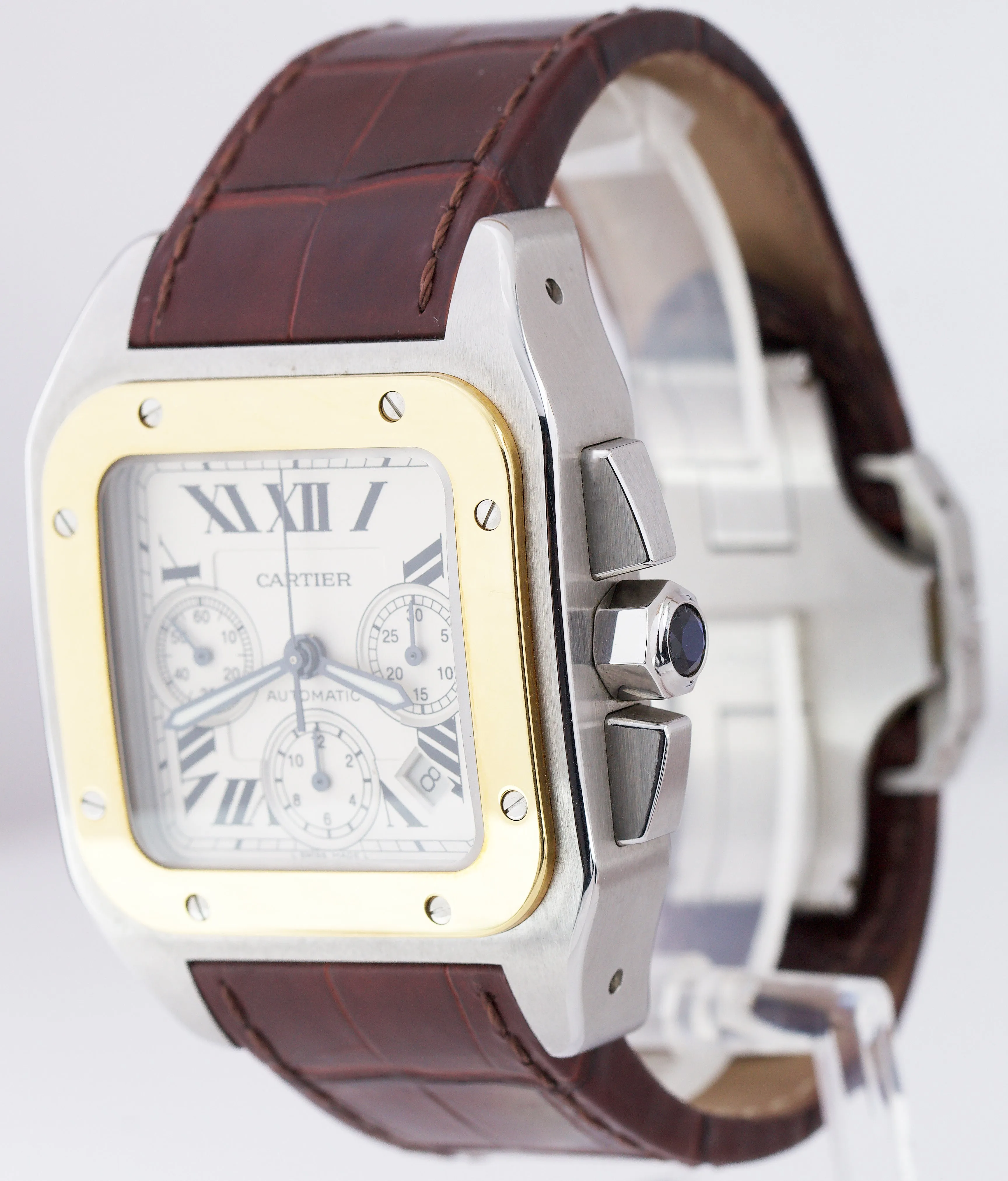Cartier Santos 100 XL 42MM 18K Yellow Gold Stainless Chronograph Watch 2740