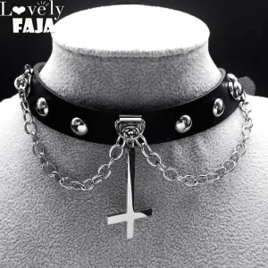 Choker Goth Inverted Cross Stainless Steel PU Leather Necklace