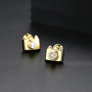 Cubic Zirconia & 18K Gold-Plated Camera Stud Earrings