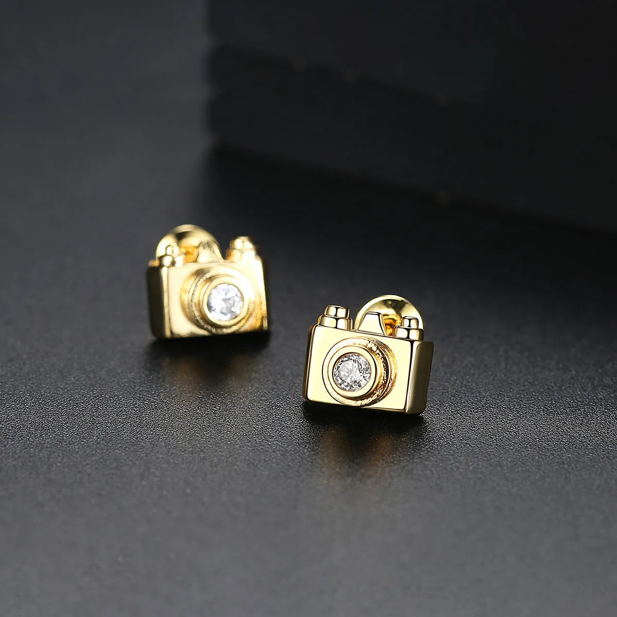 Cubic Zirconia & 18K Gold-Plated Camera Stud Earrings