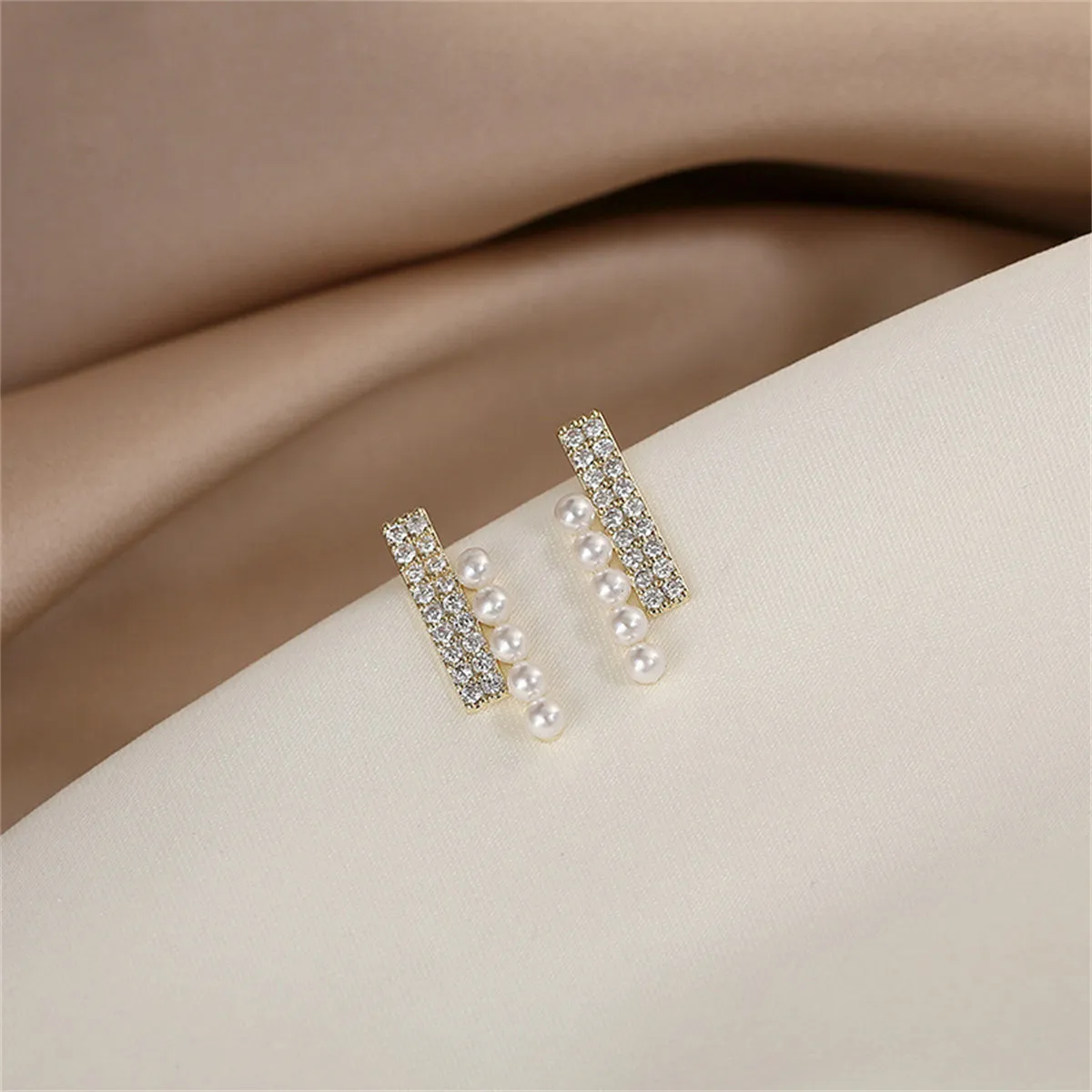Cubic Zirconia & Pearl Bar Stud Earrings