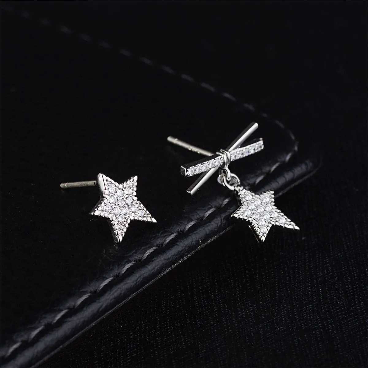 Cubic Zirconia & Silver-Plated Star Asymmetrical Stud Earrings