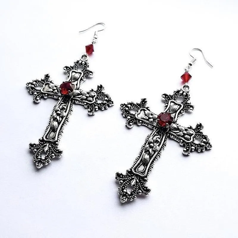 Goth Inverted Crucifix Teardrop Dangle Earrings With Black Crystal