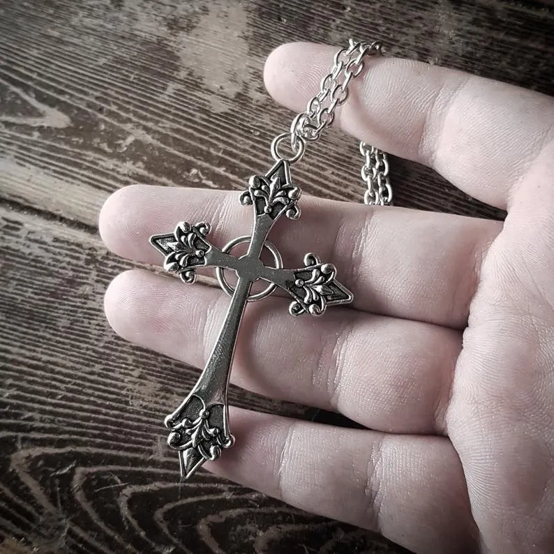 Goth Inverted Crucifix Teardrop Dangle Earrings With Black Crystal
