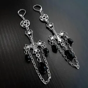 Goth Inverted Crucifix Teardrop Dangle Earrings With Black Crystal