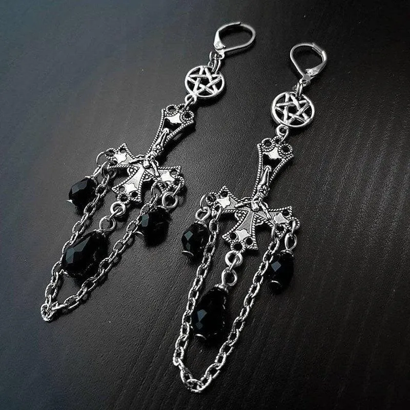 Goth Inverted Crucifix Teardrop Dangle Earrings With Black Crystal