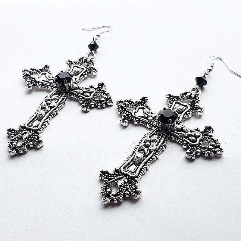 Goth Inverted Crucifix Teardrop Dangle Earrings With Black Crystal