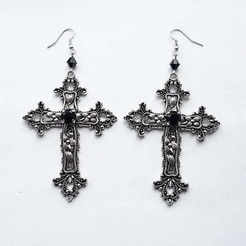 Goth Inverted Crucifix Teardrop Dangle Earrings With Black Crystal