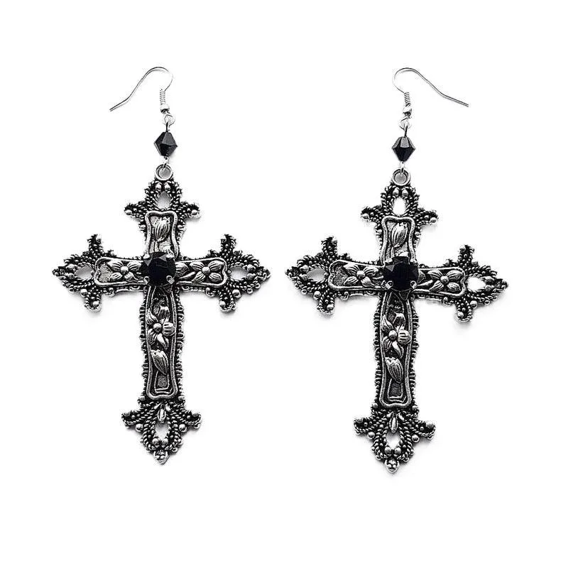 Goth Inverted Crucifix Teardrop Dangle Earrings With Black Crystal