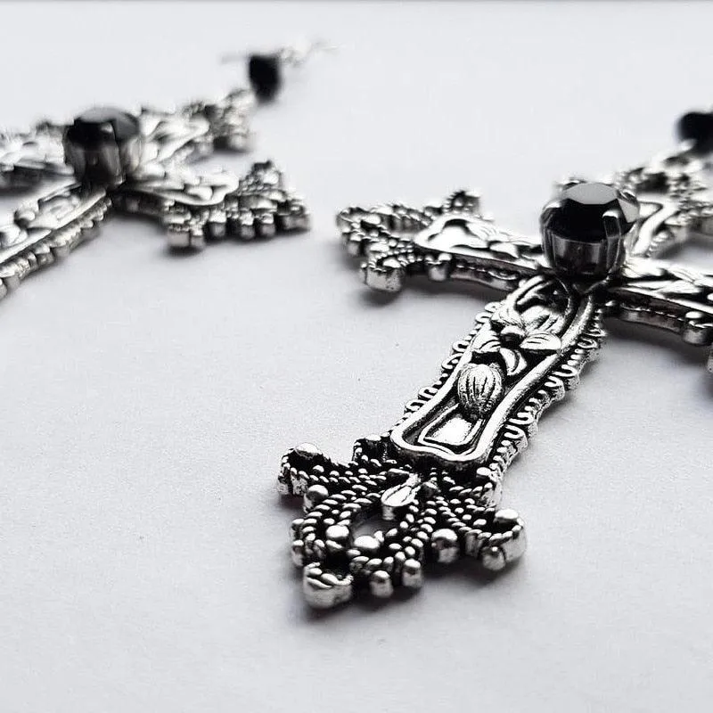 Goth Inverted Crucifix Teardrop Dangle Earrings With Black Crystal