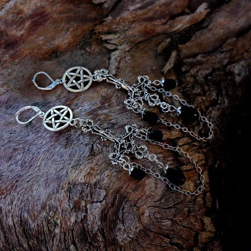 Goth Inverted Crucifix Teardrop Dangle Earrings With Black Crystal