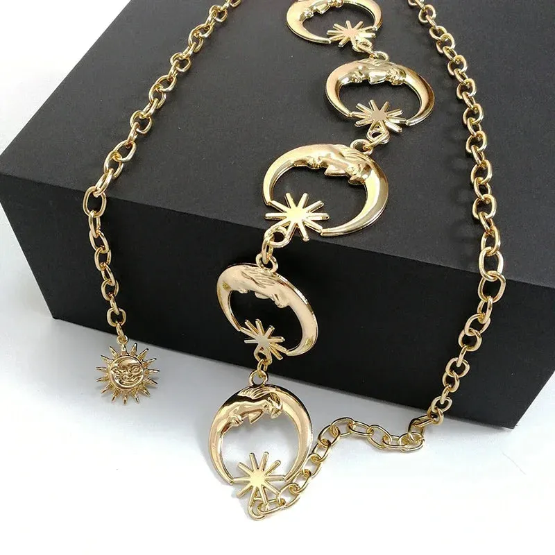 Gothic Moon Pendant Belt for Women's High Waist Fashion in Gold or Silver