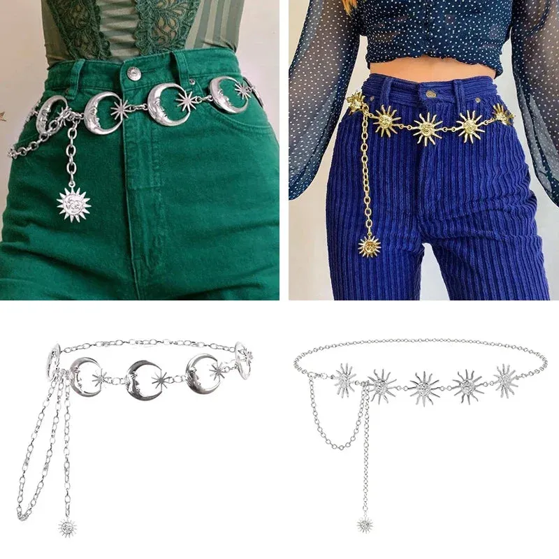 Gothic Moon Pendant Belt for Women's High Waist Fashion in Gold or Silver