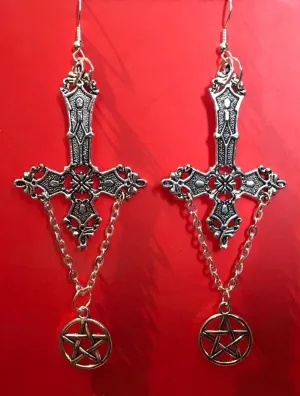 Gothic Wicca Witchcraft Pentagram, Inverted Pentagram Black Magic Earrings