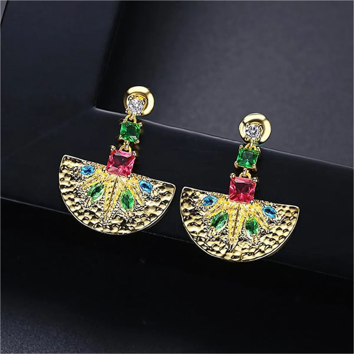 Green Crystal & Cubic Zirconia Fan Drop Earrings