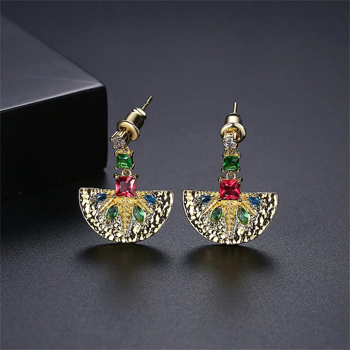 Green Crystal & Cubic Zirconia Fan Drop Earrings