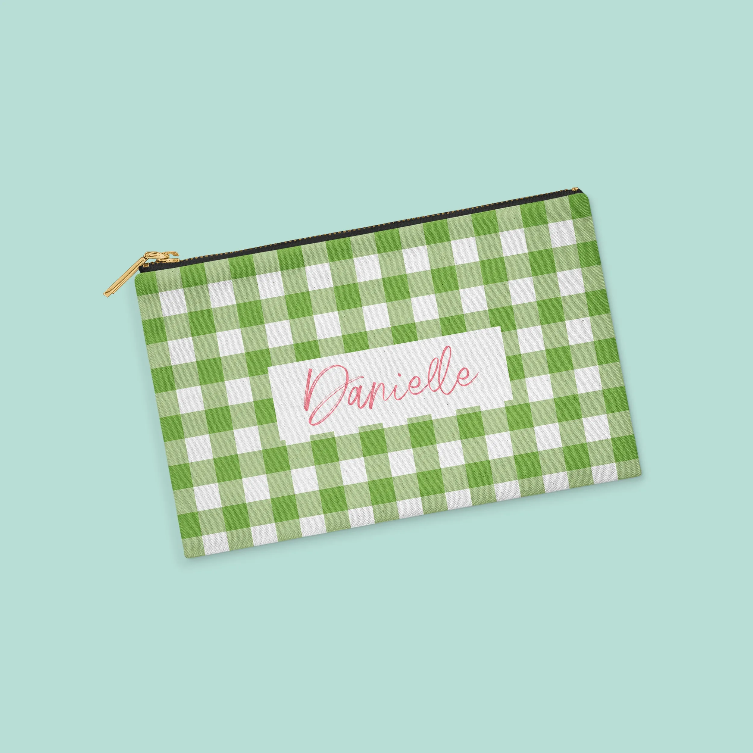 Green Gingham Personalized Zipper Pouch