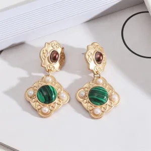 Green Malachite & Pearl 18K Gold-Plated Rhombus Drop Earrings