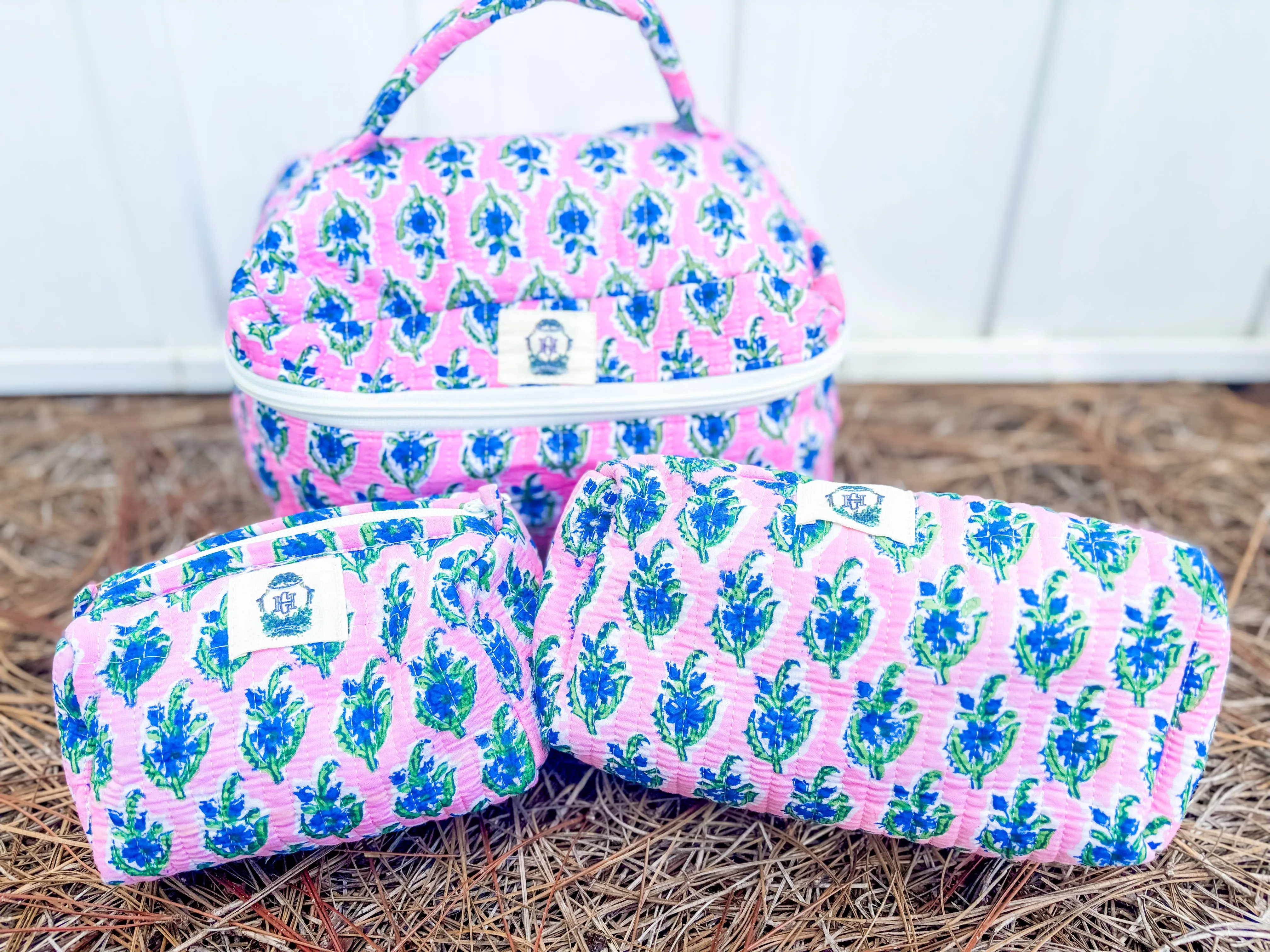 Heart of Grace Blue Blossom Quilted Cosmetic Bags-set of 3