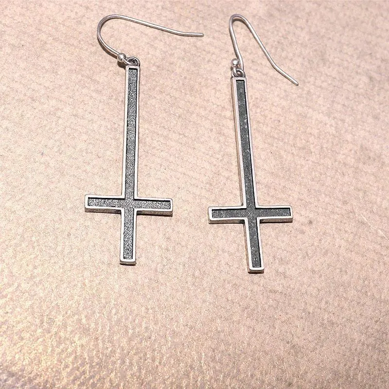 High Quality Metal Satanic Inverted Cross Drop Earrings Devil