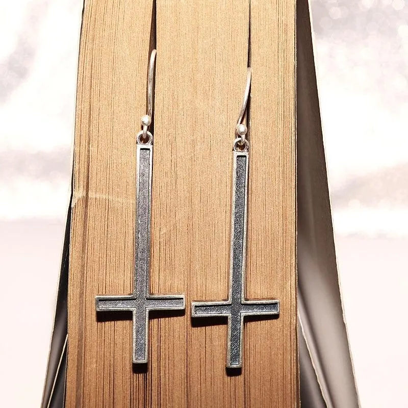 High Quality Metal Satanic Inverted Cross Drop Earrings Devil