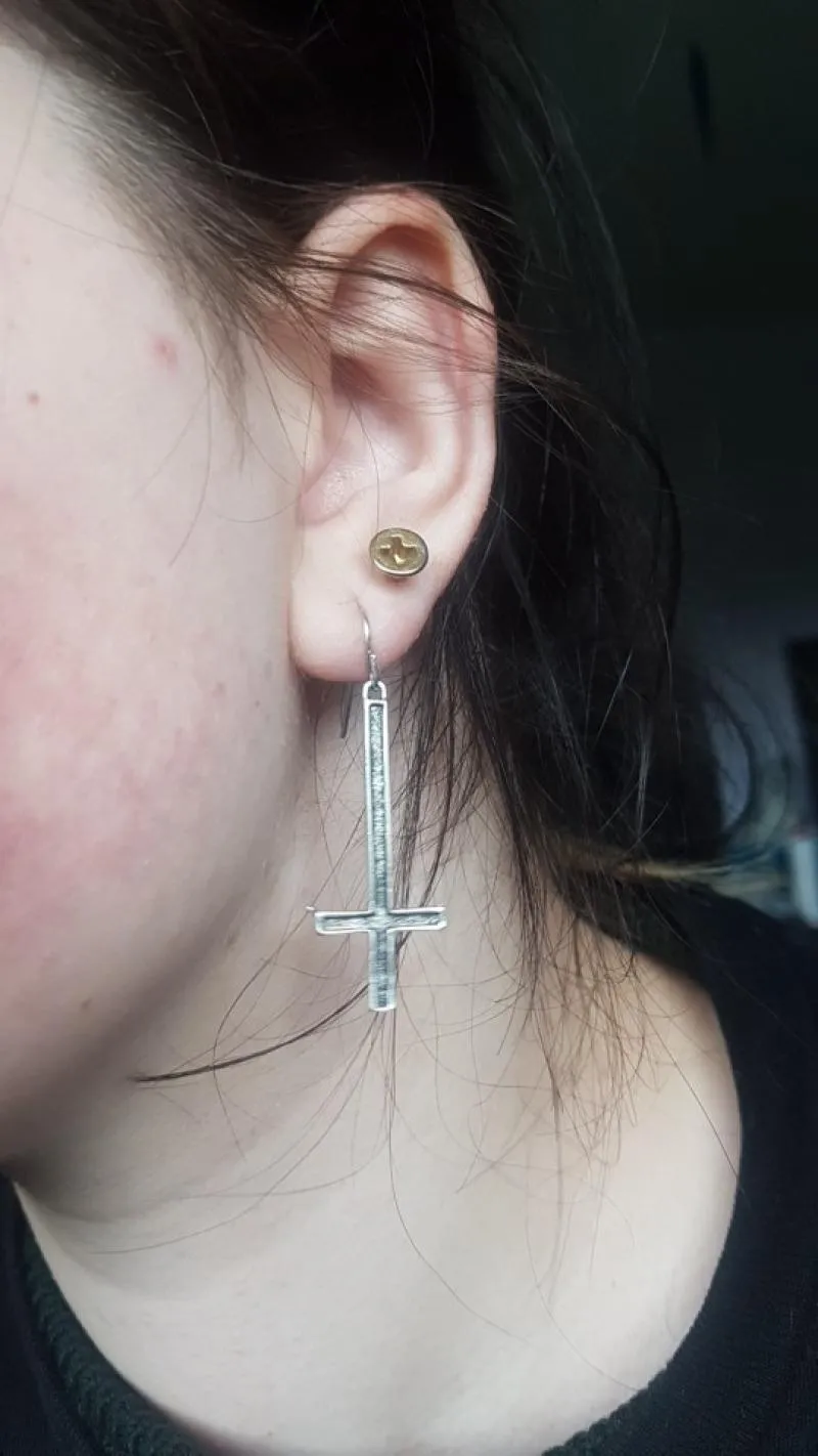 High Quality Metal Satanic Inverted Cross Drop Earrings Devil