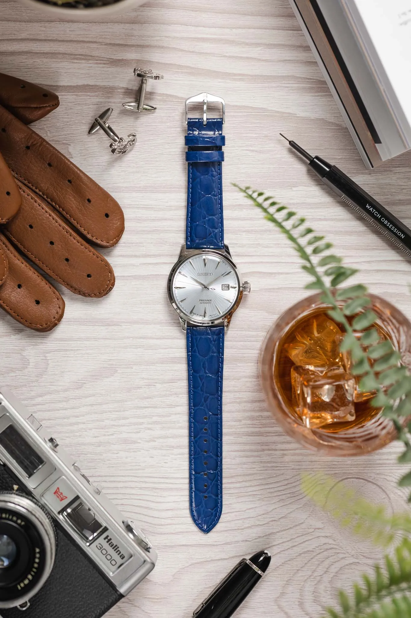 Hirsch CROCOGRAIN Crocodile Embossed Leather Watch Strap in MIDNIGHT BLUE