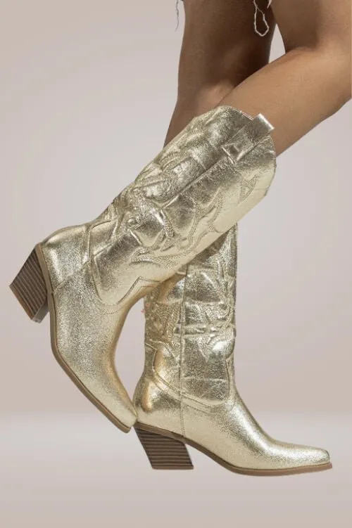 Mid Calf Metallic Gold Cowboy Boots