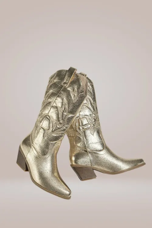 Mid Calf Metallic Gold Cowboy Boots
