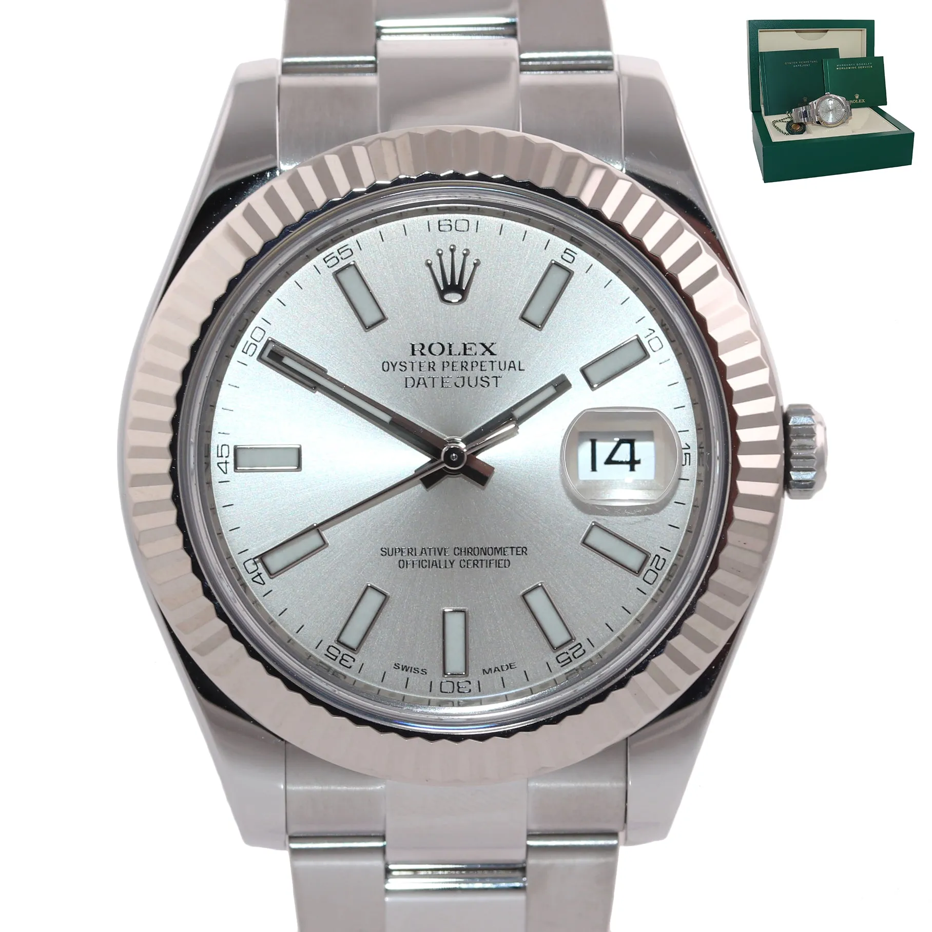 MINT 2017 Rolex Datejust II Silver Stick 41mm 18k White Gold Fluted 116334 Watch