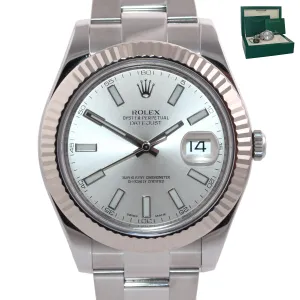 MINT 2017 Rolex Datejust II Silver Stick 41mm 18k White Gold Fluted 116334 Watch