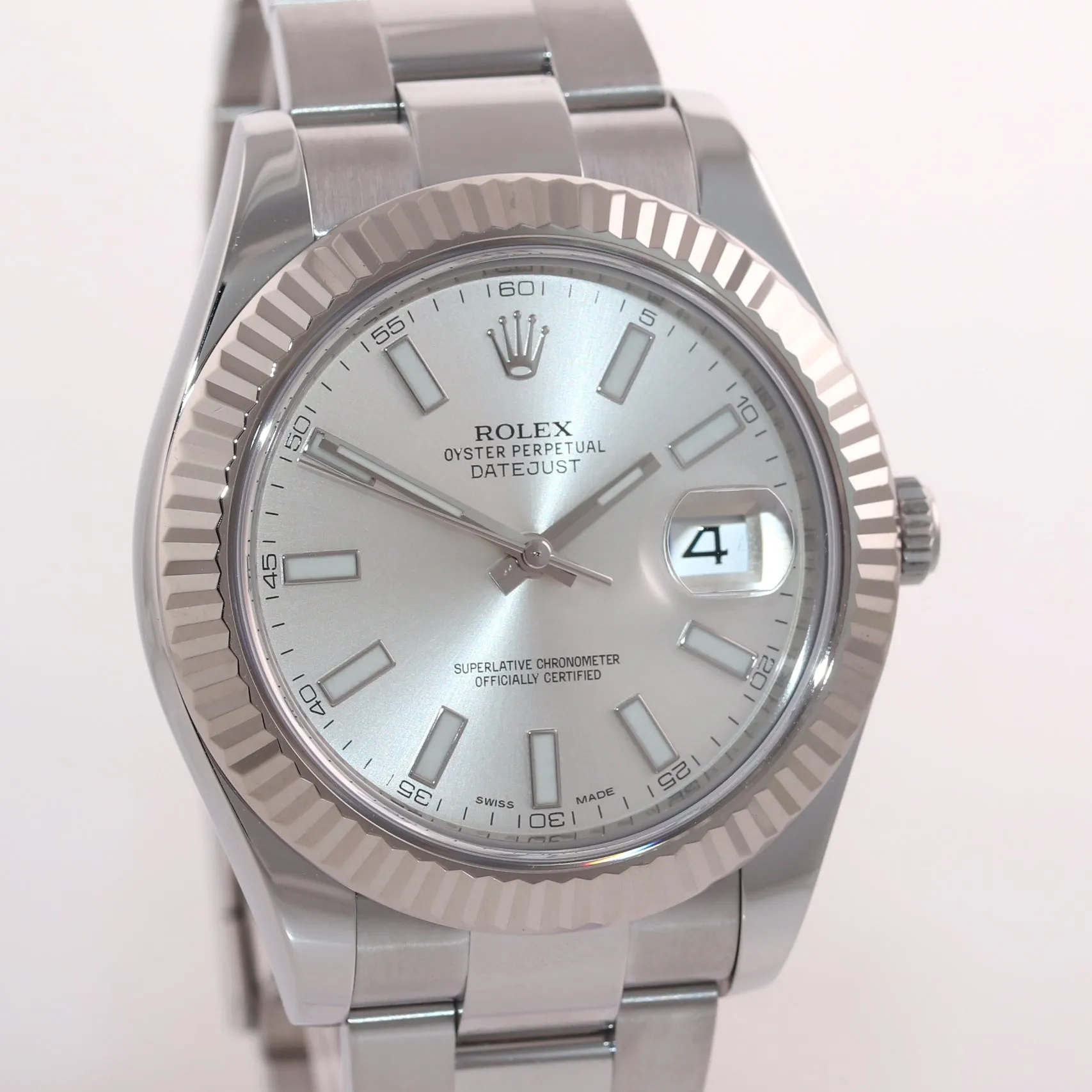 MINT 2017 Rolex Datejust II Silver Stick 41mm 18k White Gold Fluted 116334 Watch