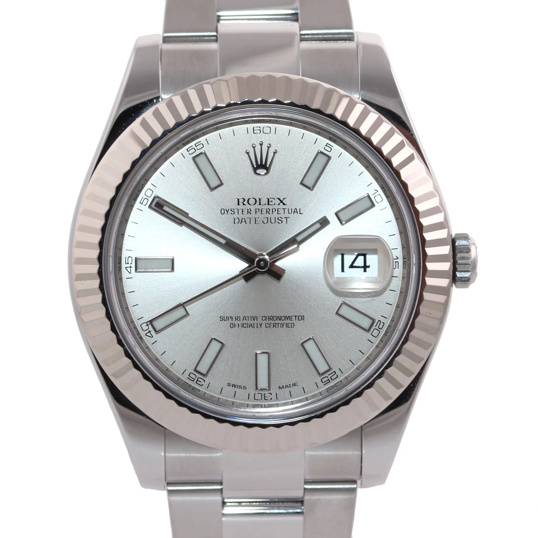 MINT 2017 Rolex Datejust II Silver Stick 41mm 18k White Gold Fluted 116334 Watch