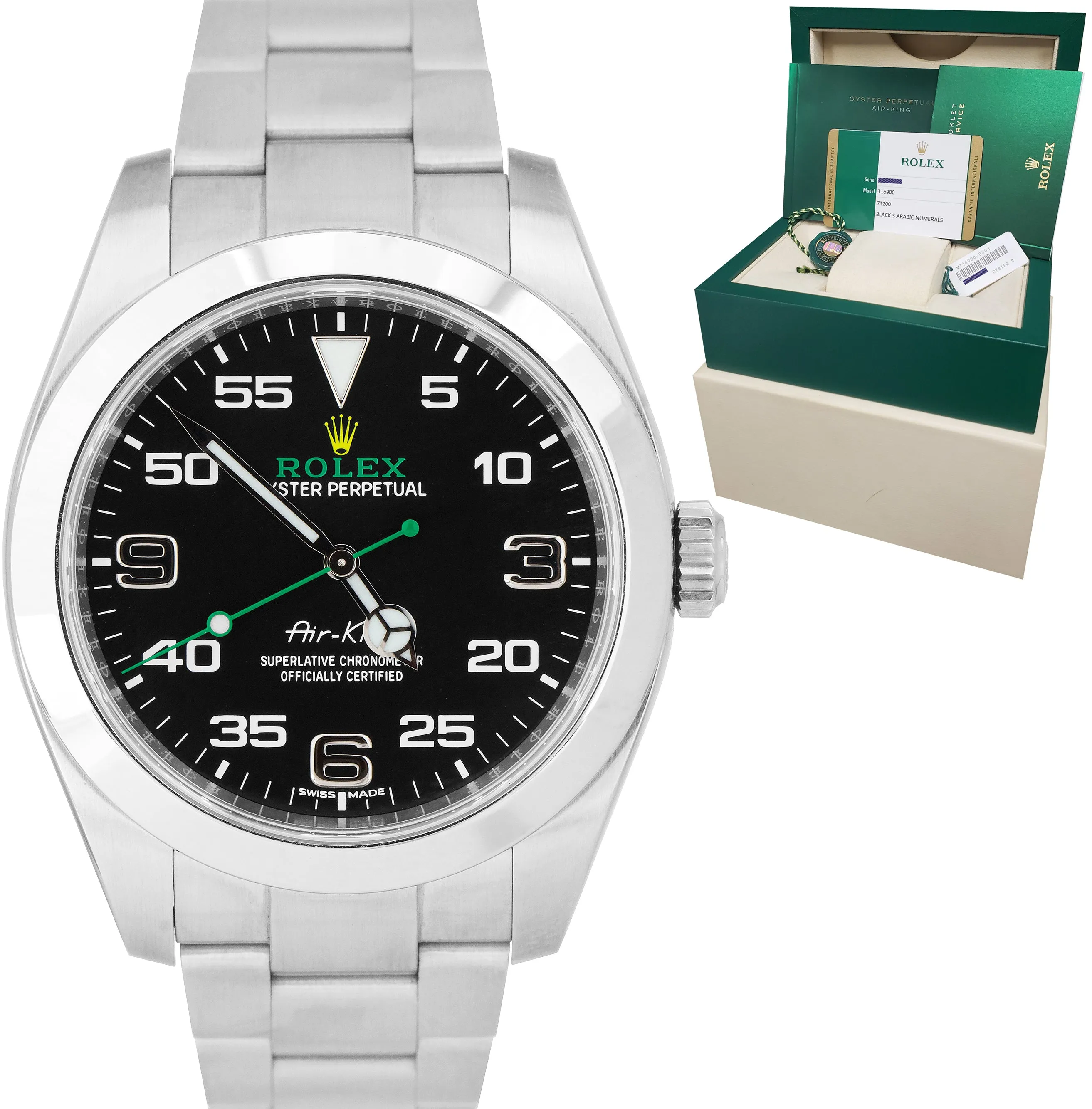 MINT Rolex Air-King 40mm Green Black Stainless Steel Arabic 116900 Watch B P
