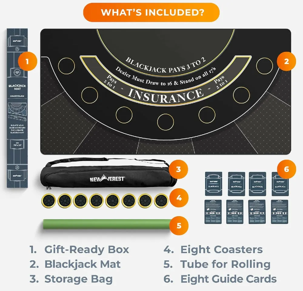 Newverest Blackjack Mat 70" x 35", Blackjack Table Top in Zipper Storage Bag with 8 Coasters in Gift-Ready Box for Home Game Nights with Friends (Black)