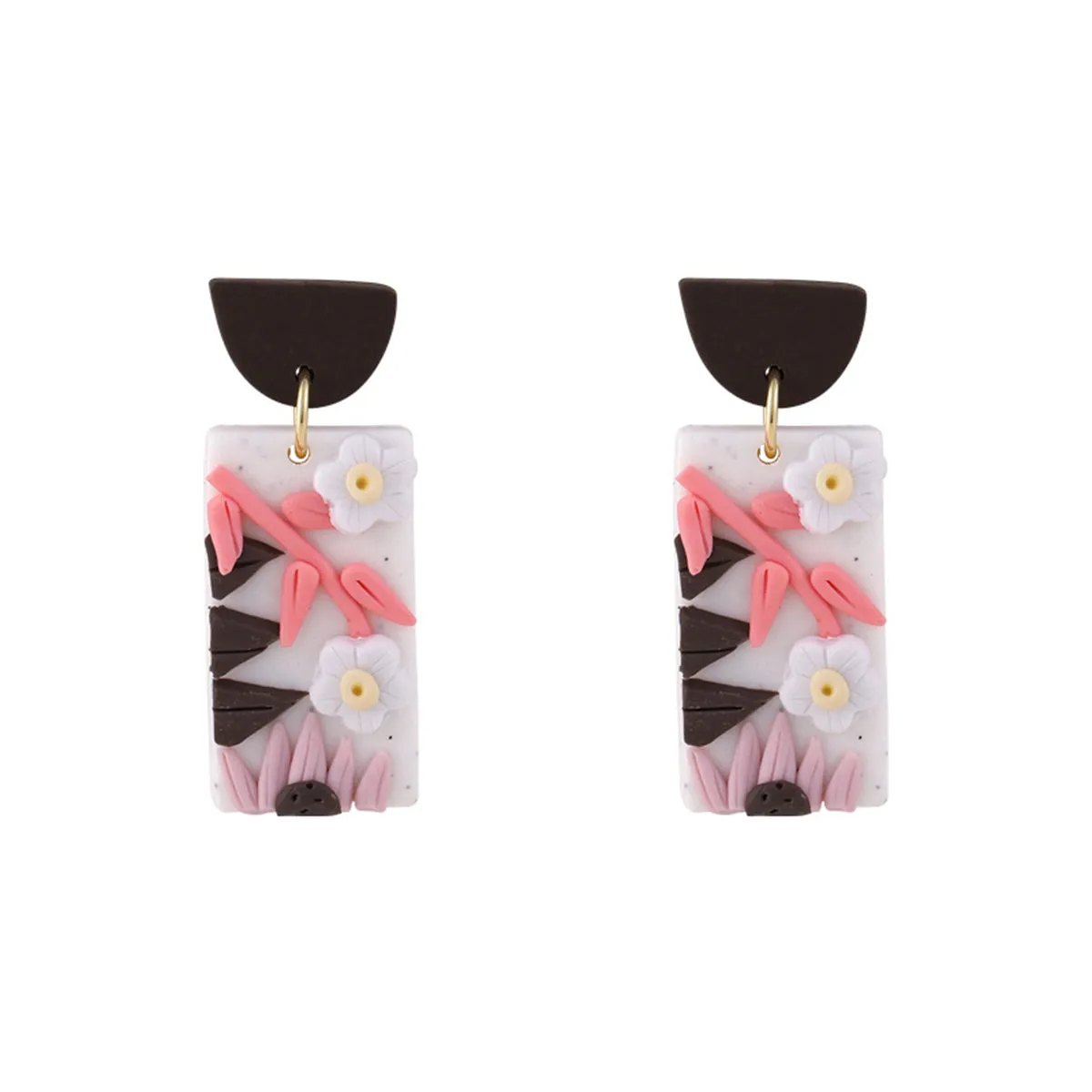 Pink Polymer Clay & 18K Gold-Plated Flower Rectangle-Drop Earrings