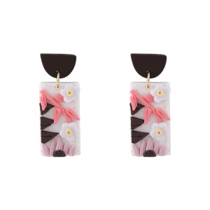 Pink Polymer Clay & 18K Gold-Plated Flower Rectangle-Drop Earrings
