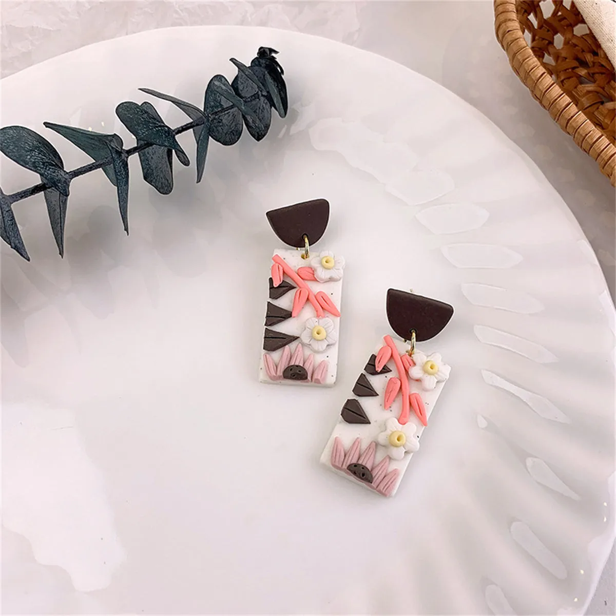 Pink Polymer Clay & 18K Gold-Plated Flower Rectangle-Drop Earrings