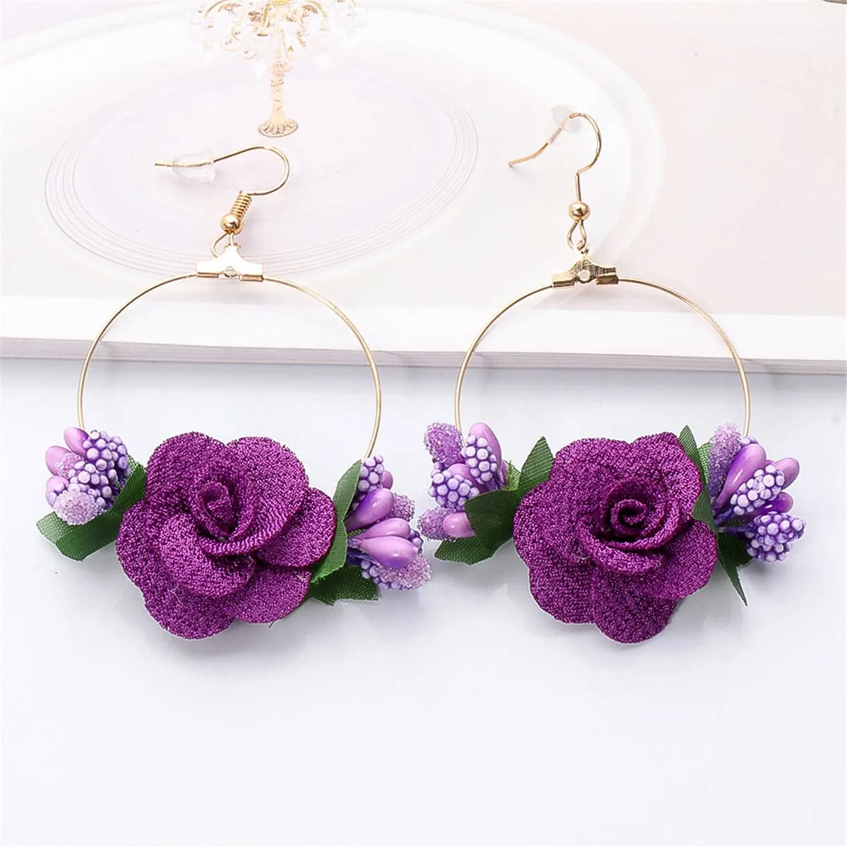 Purple Lace & Resin 18K Gold-Plated Rose Drop Earrings