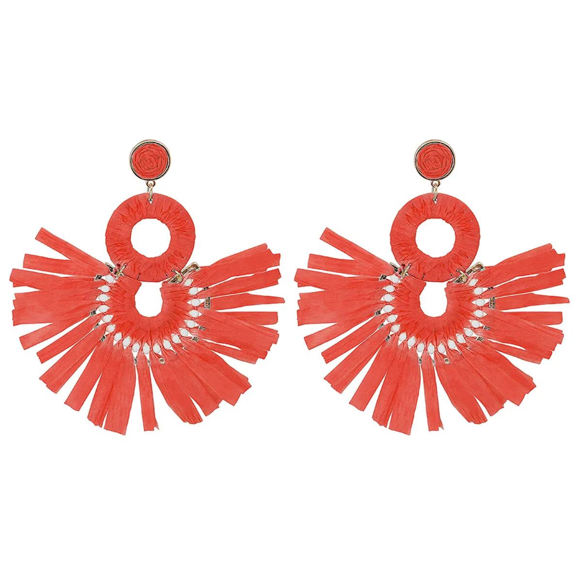 Red Raffia & 18K Gold-Plate Tiered Fringe Fan Drop Earrings